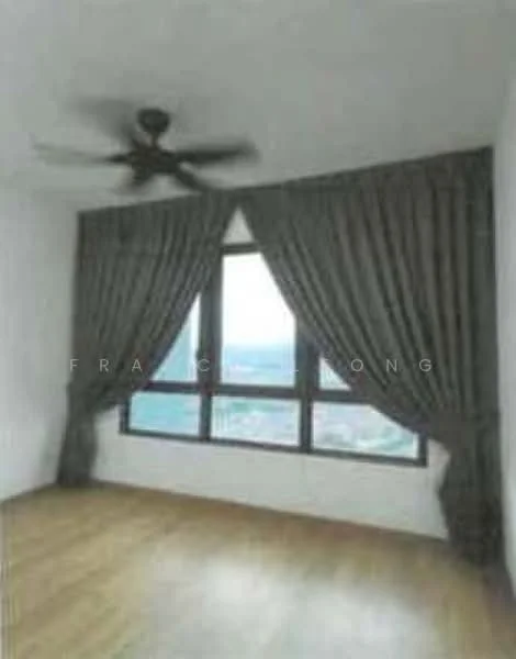 Bedroom features: wooden flooring, floor-to-ceiling windows, grey curtains, 5-blade ceiling fan, city view; style: modern; view: city.