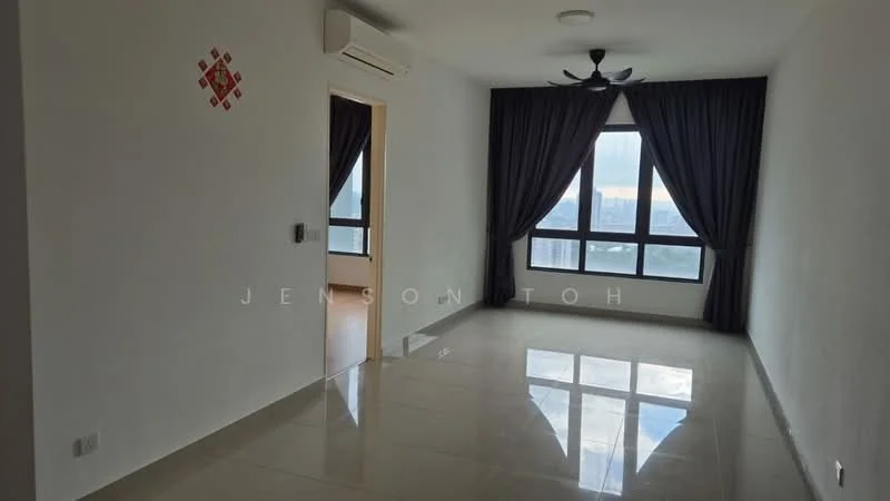 Living features: white painted walls, glossy ceramic tile flooring, 5-blade ceiling fan with light, floor-to-ceiling windows, blackout curtains, natural light, city view, air conditioning unit; style: modern; view: city.