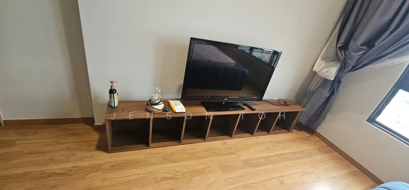 Living features: wooden flooring, flat-screen TV, TV console with open shelving, decorative items on console, curtains, window with view, neutral wall color; style: modern.