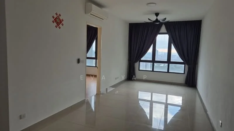 Living features: white painted walls, glossy ceramic tile flooring, 5-blade ceiling fan with light, floor-to-ceiling windows, dark curtains, door leading to another room, decorative wall art, natural light from windows; style: modern; view: city.