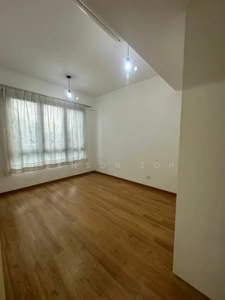 Room features: white painted walls, laminate flooring, 2 pendant lights, large window with sheer curtains, wooden skirting, corner wall, neutral color scheme; style: modern.