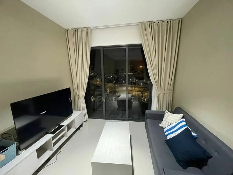 Living features: grey fabric sofa, white coffee table, wall-mounted TV, floor-to-ceiling windows, sheer curtains, city view, light-colored walls, neutral-colored flooring; style: modern; view: city.