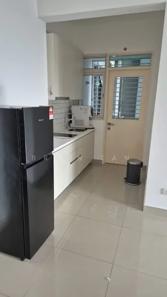 Kitchen features: black refrigerator, white cabinetry, grey tiled backsplash, stainless-steel sink, chrome faucet, built-in countertop, ceramic tile flooring, window with grid pattern, door with glass panel, kitchen appliances, trash bin; style: modern.