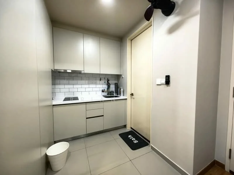 Kitchen features: light grey cabinetry, white subway tile backsplash, white countertop, built-in stove, single-bowl stainless-steel sink, chrome pull-down faucet, recessed downlights, floor tiles in light grey, door leading to hallway, wall-mounted fan, kitchen mat; style: modern.