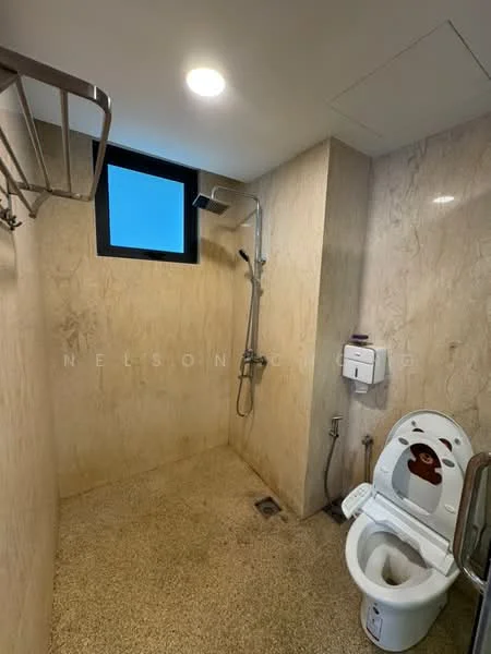 Bathroom features: marble wall cladding, granite flooring, walk-in shower with handheld shower, chrome shower head, toilet with bidet spray, wall-mounted toilet paper holder, window for natural light, ceiling light fixture; style: modern.