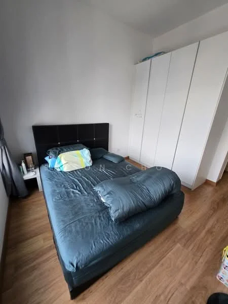Bedroom features: queen-size bed with black upholstered headboard, dark blue bedding, two large pillows, wooden flooring, white painted walls, built-in wardrobe with sliding doors, curtains, nightstand with items; style: modern.