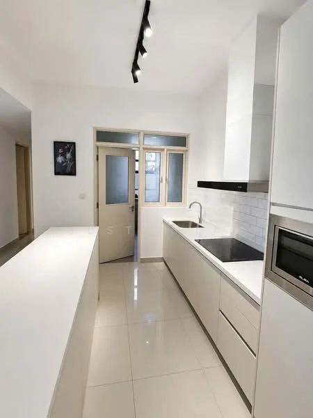 Kitchen features: white cabinetry, white quartz countertop, stainless-steel single-bowl sink, chrome pull-down faucet, black induction cooktop, built-in microwave, white subway tile backsplash, recessed LED downlights, glossy tile flooring, floor-to-ceiling windows, door leading to outside, open layout with island; style: modern.