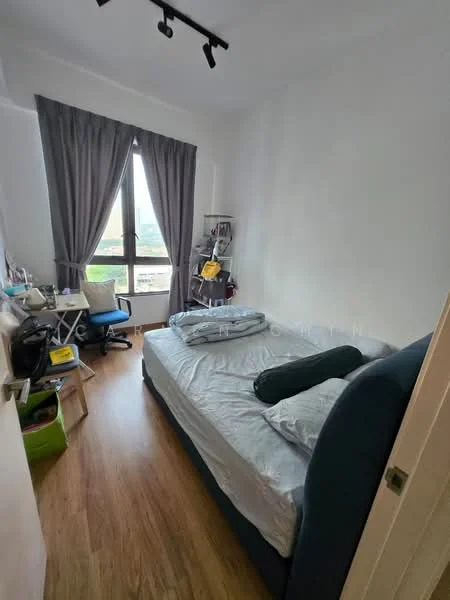 Bedroom features: queen-size bed with grey upholstered headboard, light grey bedding, wooden flooring, floor-to-ceiling window, grey curtains, study desk with chair, shelf unit, decorative pillow, wall-mounted track lighting; style: modern; view: city.