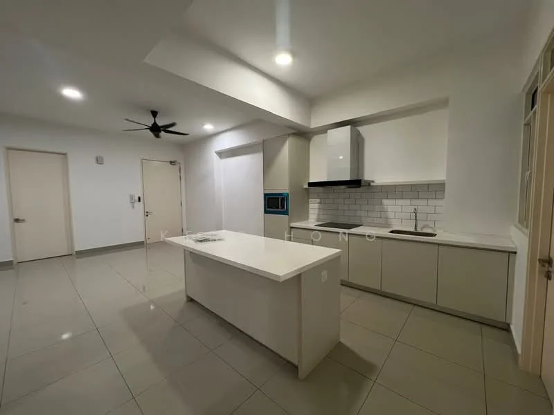 Kitchen features: white cabinetry, marble countertop, stainless-steel sink, chrome pull-down faucet, built-in oven, microwave, 4-burner gas hob, white subway tile backsplash, island with seating, recessed downlights, 5-blade ceiling fan, grey tile flooring; style: modern.