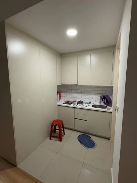 Kitchen features: white cabinetry, grey subway tile backsplash, single-bowl stainless-steel sink, chrome pull-down faucet, countertop with space for appliances, stainless-steel stove, white tiled flooring, recessed ceiling lights, red plastic stool, blue mat on the floor; style: modern.