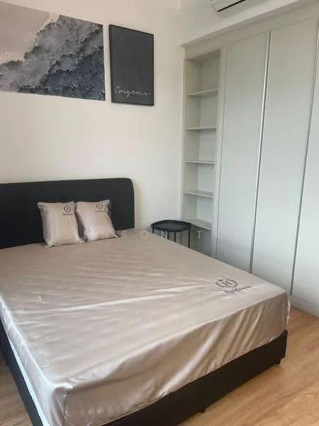 Bedroom features: queen-size bed with grey upholstered headboard, two decorative pillows, light wood flooring, white painted walls, built-in wardrobe with sliding doors, open shelving unit, small bedside table, air conditioning unit on ceiling; style: modern.