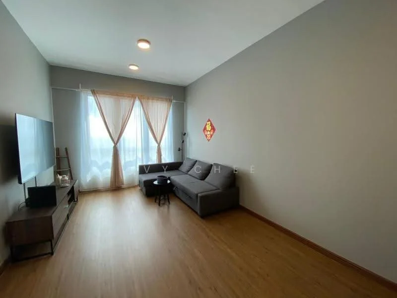 Living features: grey painted walls, laminate flooring, 5-blade ceiling fan with light, floor-to-ceiling windows, sheer curtains, sofa in grey, TV console, wall-mounted TV, decorative wall art, wooden coffee table; style: modern; view: city.