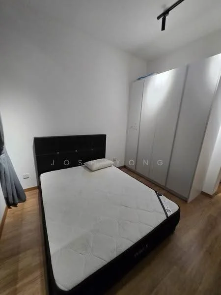 Bedroom features: queen-size bed, black upholstered headboard, white mattress, wooden flooring, built-in wardrobe with sliding doors, grey curtains, track lighting on ceiling, white painted walls; style: modern.