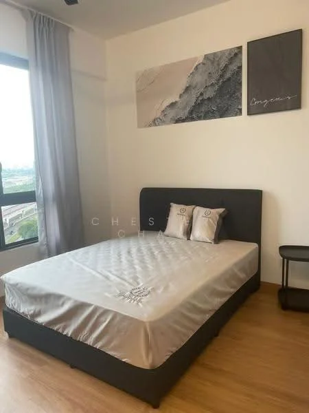 Bedroom features: queen-size bed with grey upholstered frame, silk bedspread in light grey, two decorative pillows, wooden bedside table, framed artwork on walls, floor-to-ceiling window with sheer curtains, laminate flooring, wall-mounted decor, neutral wall color; style: modern; view: city.