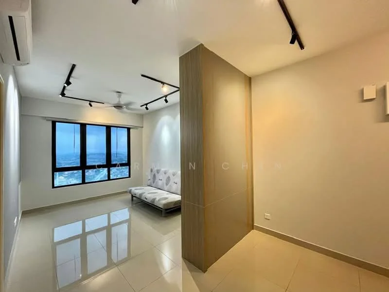 Living features: floor-to-ceiling windows, white painted walls, light-colored feature wall, recessed downlights, 5-blade ceiling fan, polished tile flooring, sofa bed, air conditioning unit; style: modern; view: sea. Room features: white painted walls, polished tile flooring.