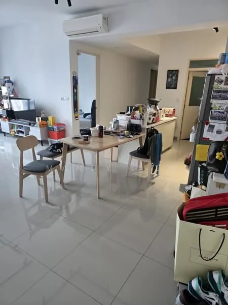 Dining features: dining table with two chairs, white walls, glossy tile flooring, wall-mounted air conditioning unit, open layout, kitchen counter visible, refrigerator visible, decorative items on table, shelves with various items, doorway leading to another room; style: modern.