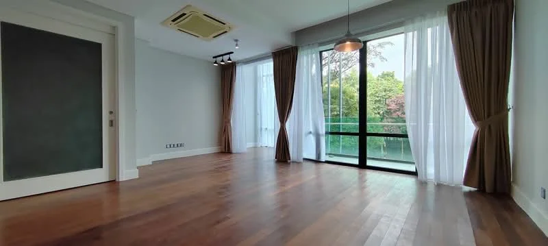 Living features: wood flooring, floor-to-ceiling windows, sheer curtains, recessed downlights, pendant lamp, split air conditioning unit, neutral painted walls, balcony access, view of greenery; style: modern; view: garden.