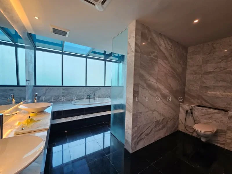 Bathroom features: double-sink vanity with marble countertop, chrome basin mixer faucets, freestanding bathtub, glass shower enclosure, white toilet, black marble flooring, marble wall cladding, large mirror, window with frosted glass, recessed lighting; style: modern.