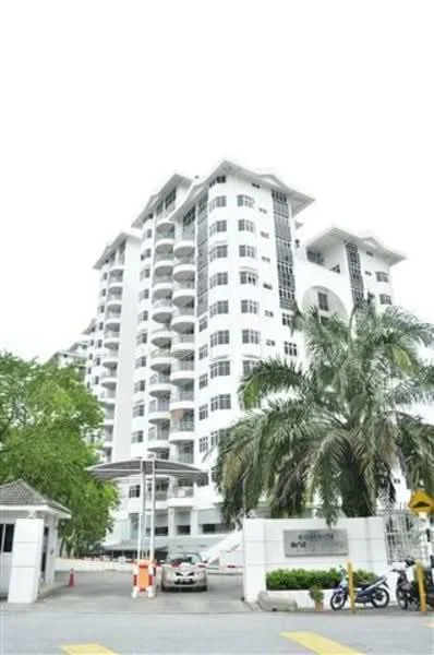 Exterior type: mid-rise condominium; features: white painted facade, glass curtain wall, recessed balconies, multiple storeys, surrounded by greenery, palm trees in landscaping, driveway with interlocking pavers, guard house at entrance; style: modern.