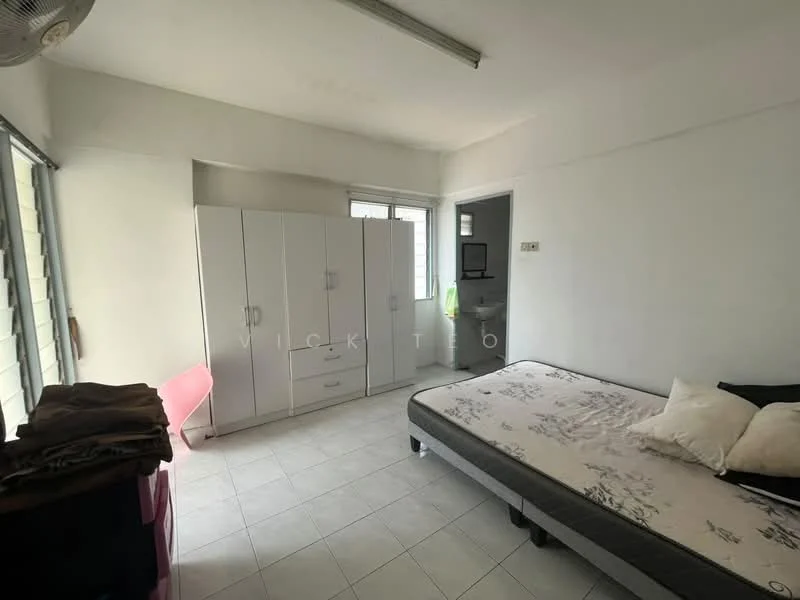 Bedroom features: white painted walls, tile flooring, queen-size bed, upholstered headboard, built-in wardrobe with multiple doors, window with sheer curtains, ceiling light fixture, pink chair, side table, decorative items on side table; style: minimalist.