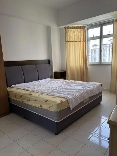 Bedroom features: queen-size bed with upholstered headboard, white bedding with floral pattern, light-colored curtains, floor-to-ceiling window, wooden bedside table, tiled flooring, light-colored walls, built-in wardrobe; style: modern; view: city.