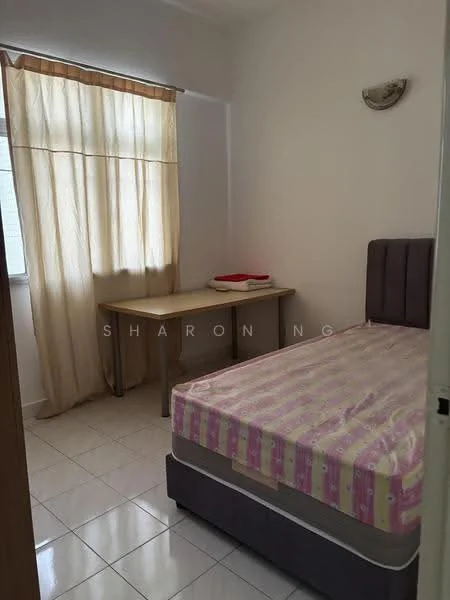 Bedroom features: single bed with pink and white striped bedding, wooden bedside table, floor-to-ceiling window with sheer curtains, white painted walls, glossy tile flooring, wall-mounted light fixture.