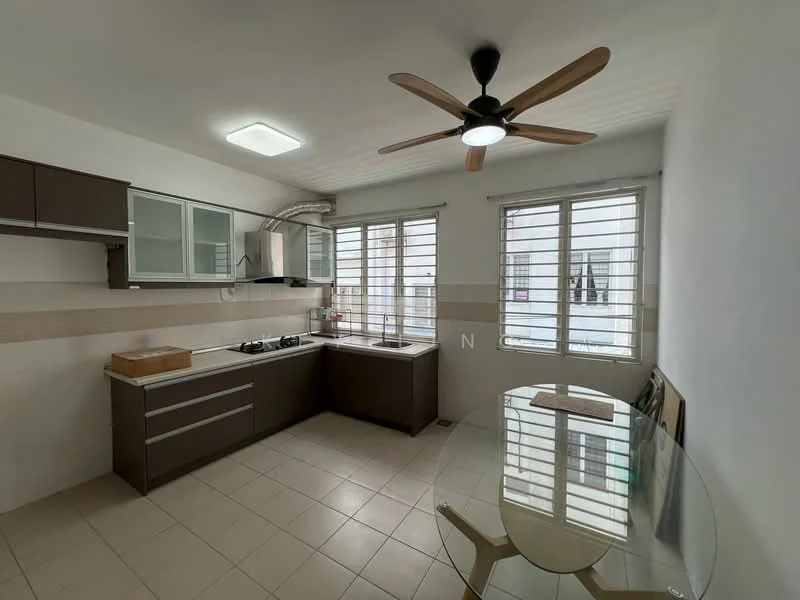 Kitchen features: brown cabinetry, white countertop, stainless-steel sink, chrome pull-down faucet, built-in gas stove, exhaust hood, glass dining table, 4 dining chairs, tile flooring, ceiling fan, window with horizontal slats, light fixture, white walls; style: modern.