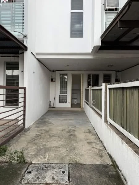Exterior type: linked terrace house; features: concrete pathway, white painted facade, wooden fence, glass railing, two-storey structure, outdoor space, garden area, windows with grills; style: modern.