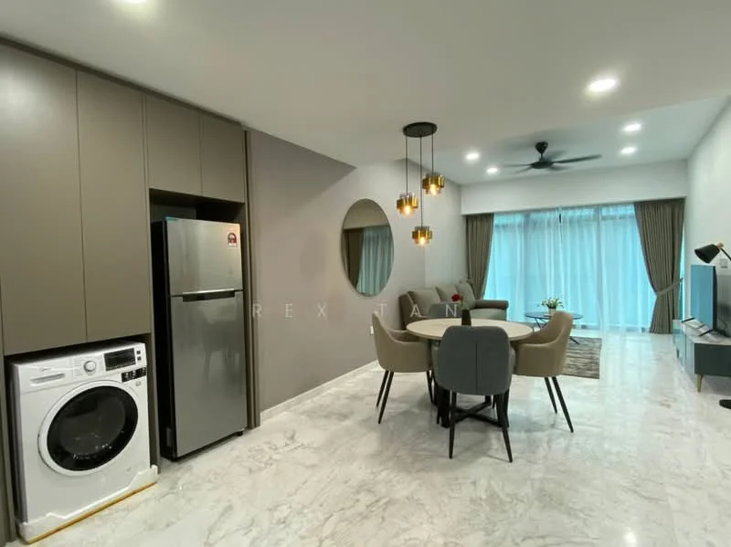 Dining features: round dining table, 4 upholstered dining chairs, pendant lighting with multiple bulbs, floor-to-ceiling windows, sliding glass door, grey accent wall, white marble flooring, built-in cabinetry, stainless-steel fridge, front-load washing machine, ceiling fan with light; style: modern; view: garden.