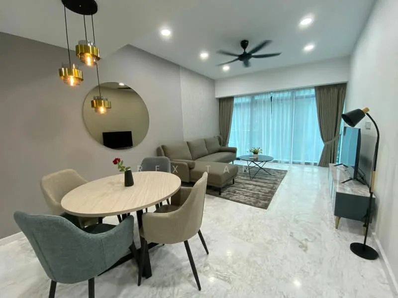 Living features: 3-seater fabric sofa in grey, round dining table, 4 upholstered dining chairs, pendant lighting with gold accents, floor lamp with black base, wall-mounted TV, area rug with geometric pattern, marble flooring, large windows with sheer curtains, ceiling fan with light, decorative mirror, wall with textured wallpaper, light grey accent wall; style: modern.