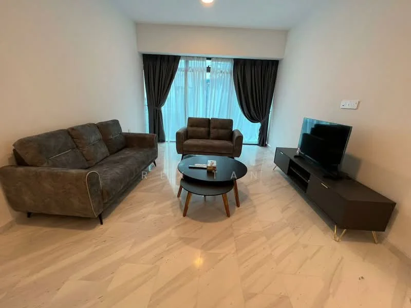 Living features: 3-seater fabric sofa in grey, 2-seater fabric sofa in brown, round coffee table with black surface and wooden legs, wall-mounted TV, TV console with drawers, marble flooring, floor-to-ceiling windows, sheer curtains, blackout curtains, recessed downlights; style: modern.