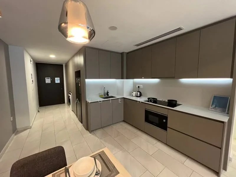 Kitchen features: grey cabinetry, white countertop, built-in microwave, stainless-steel kettle, stainless-steel sink, chrome pull-down faucet, ceramic tile flooring, recessed LED downlights, black induction hob, built-in oven, open shelving, dining table with place settings; style: modern.