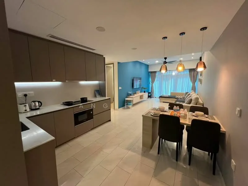 Kitchen features: L-shaped kitchen layout, brown cabinetry, white countertop, built-in oven, stainless-steel sink, chrome pull-down faucet, ceramic tile flooring, recessed downlights; style: modern. Dining features: 4-seater dining table, upholstered dining chairs, decorative table setting, pendant lighting above table; style: modern. Living features: 3-seater fabric sofa in light grey, coffee table, wall-mounted TV, TV console, floor-to-ceiling windows with sheer curtains, area rug; style: modern.