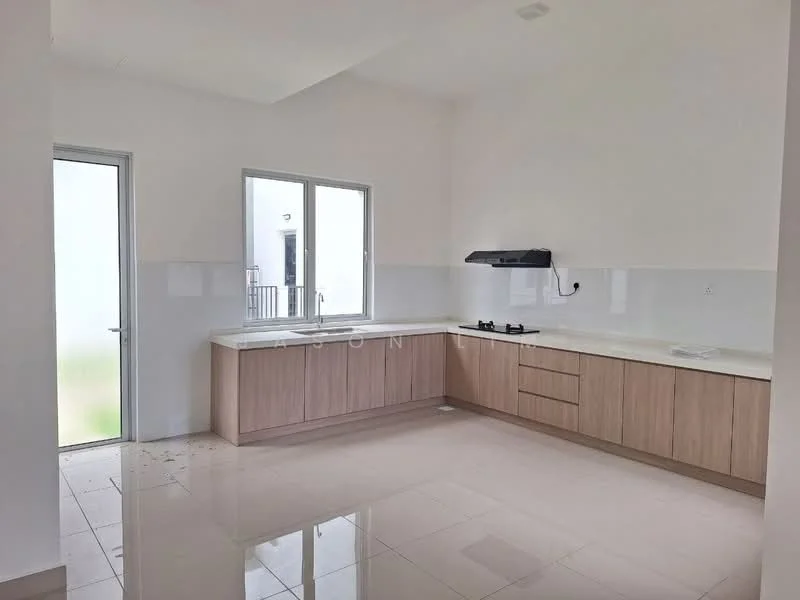 Kitchen features: white walls, light wood cabinetry, white countertop, built-in gas hob, extraction hood, single-bowl stainless-steel sink, large window, sliding glass door, glossy tile flooring; style: modern.