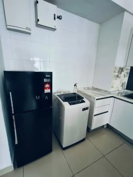 Kitchen features: black fridge, top-freezer refrigerator, white washing machine, marble countertop, white cabinetry, tile backsplash, grey tile flooring, wall-mounted air conditioning unit; style: modern.