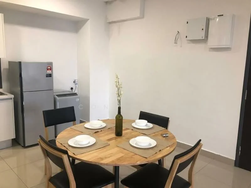 Dining features: round wooden dining table, 4 black dining chairs, white plates, glass vase with flowers, grey placemats, light beige tiled flooring, white painted walls, refrigerator, washing machine, wall-mounted electrical panel; style: modern. Kitchen features: white cabinetry, stainless-steel refrigerator, stainless-steel washing machine; style: modern.