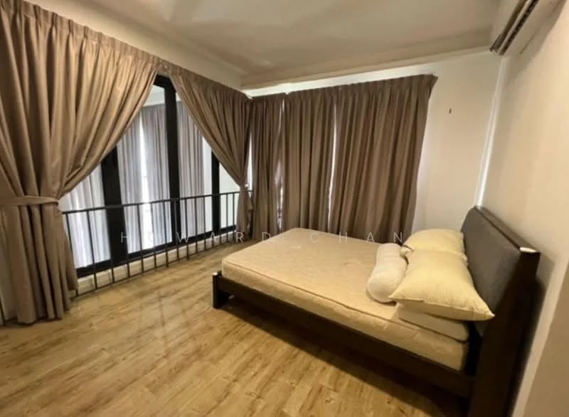Bedroom features: queen-size bed, wooden bed frame, two white pillows, laminate flooring, floor-to-ceiling windows, sheer curtains, blackout curtains, wall-mounted air conditioning unit, decorative wall paneling, wooden railing; style: modern.