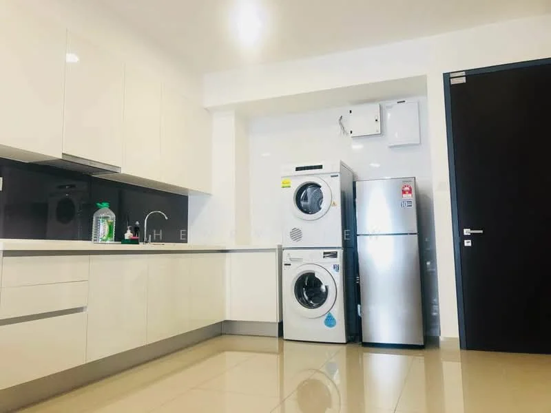 Kitchen features: white glossy cabinetry, grey backsplash, stainless-steel fridge, front-load washing machine, tumble dryer, white countertop, ceramic tile flooring, recessed downlights; style: modern.