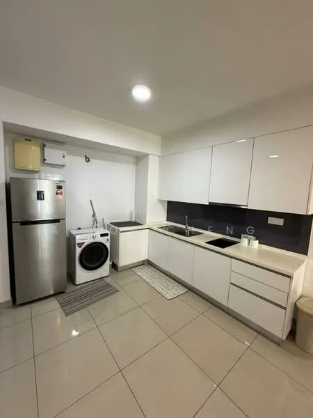 Kitchen features: white flat-panel cabinets, stainless-steel fridge, built-in oven, single-bowl stainless-steel sink, chrome pull-down faucet, white quartz countertop, black backsplash, washing machine, tile flooring, recessed downlights; style: modern.