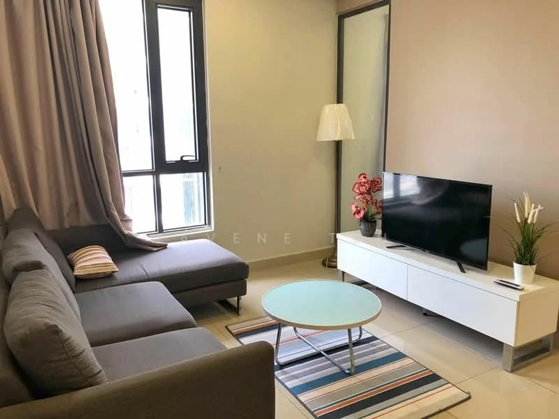 Living features: L-shape sectional sofa in grey, coffee table with round glass top, TV console in white, wall-mounted TV, area rug with striped pattern, floor-to-ceiling windows, sheer curtains, decorative plant, table lamp, wall with neutral paint, light-colored tiled flooring; style: modern; view: city.