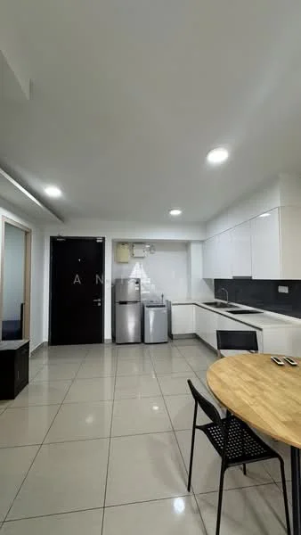 Kitchen features: white cabinetry, black countertop, stainless-steel double-door fridge, built-in oven, ceramic tile flooring, recessed LED downlights, single-bowl stainless-steel sink, chrome pull-down faucet, open layout, dining table with wooden top, black dining chairs; style: modern.