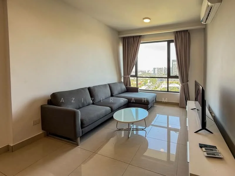 Living features: grey fabric sectional sofa, glass coffee table, wall-mounted TV, TV console, floor-to-ceiling window, curtains, recessed ceiling light, polished ceramic tile flooring; style: modern; view: city.