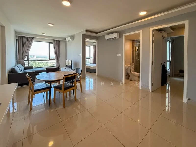Living features: floor-to-ceiling windows, grey painted walls, marble tile flooring, sofa in dark grey, round dining table, 4 wooden dining chairs, air conditioning unit, LED recessed downlights; style: modern; view: city. Room features: cream painted walls, doorway leading to bedroom, doorway leading to bathroom, light switch.
