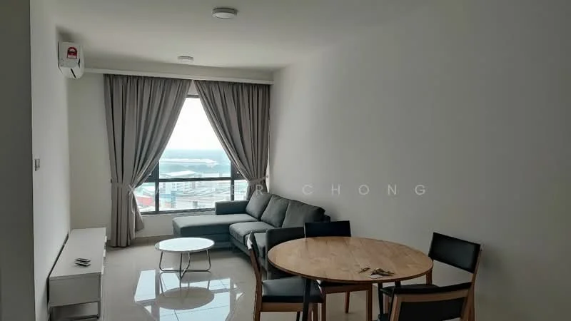 Living features: grey fabric sectional sofa, round coffee table with glass top, wooden dining table, 4 black dining chairs, floor-to-ceiling window, curtains in light grey, wall-mounted split AC, polished tile flooring, white painted walls, recessed ceiling lights; style: modern; view: city.