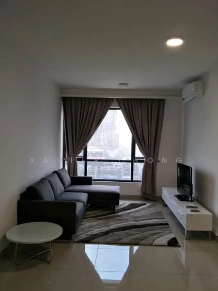 Living features: grey fabric sofa, round glass coffee table, white TV console, wall-mounted TV, floor-to-ceiling windows, sheer curtains, recessed downlights, polished tile flooring, air conditioning unit; style: modern; view: city.
