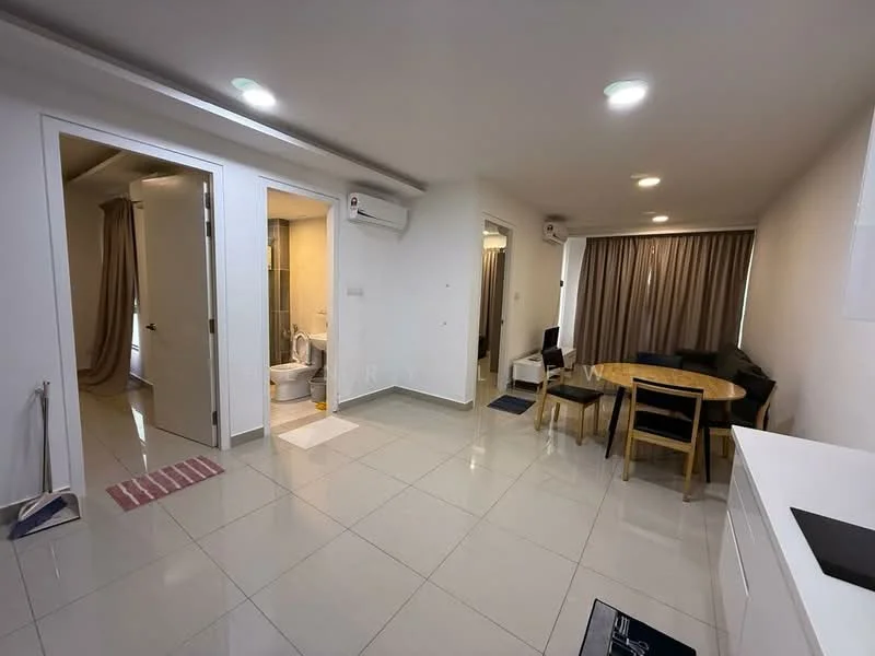 Living features: white painted walls, glossy ceramic tile flooring, recessed downlights, floor-to-ceiling windows with sheer curtains, black sofa, round dining table with wooden legs, 4 dining chairs, air conditioning unit on wall, open layout, neutral color palette; style: modern. Bathroom features: white tiled walls, ceramic tile flooring, one-piece toilet, shower with glass enclosure, vanity with sink, mirror above vanity, towel rail; style: modern. Room features: door leading to bathroom, door leading to hallway.