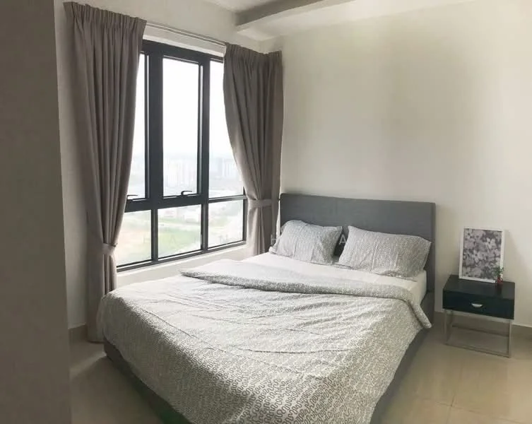 Bedroom features: king-size bed with grey upholstered headboard, white bedding with patterned duvet cover, floor-to-ceiling windows, grey curtains, nightstand with drawer, decorative artwork on nightstand, cream painted walls, tile flooring; style: modern; view: city.