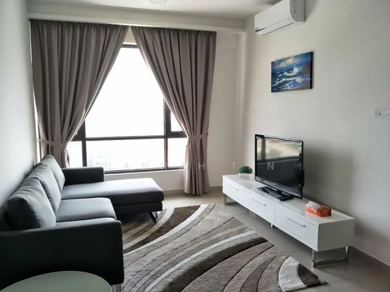 Living features: grey fabric sofa with chaise, white TV console, wall-mounted flat-screen TV, area rug with abstract pattern, floor-to-ceiling windows, sheer curtains, air conditioning unit, decorative wall art; style: modern; view: city.