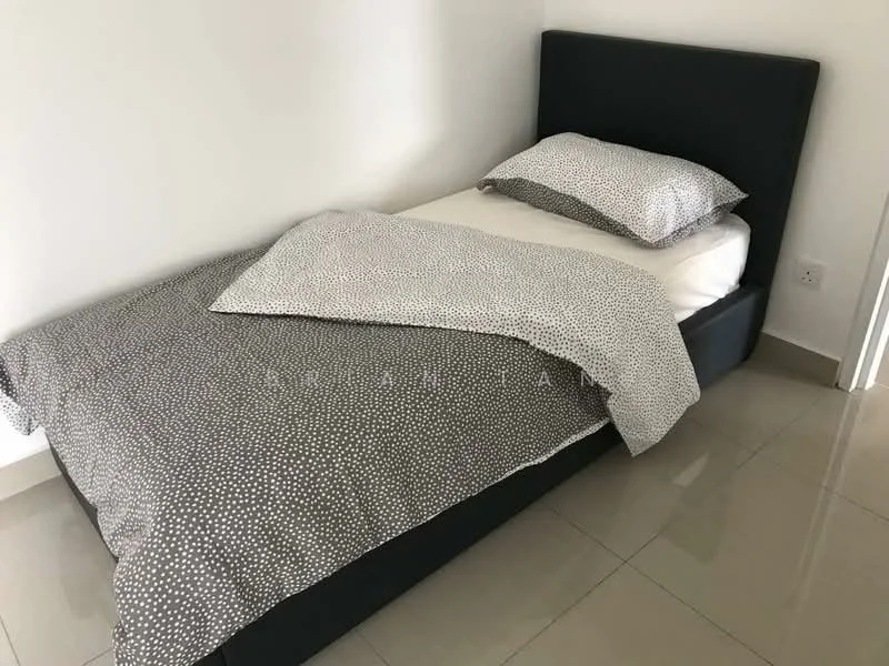 Bedroom features: single bed, grey upholstered headboard, white bedding with polka dot pattern, grey and white patterned duvet cover, white walls, glossy tile flooring, nightstand, lamp, window with natural light; style: modern.