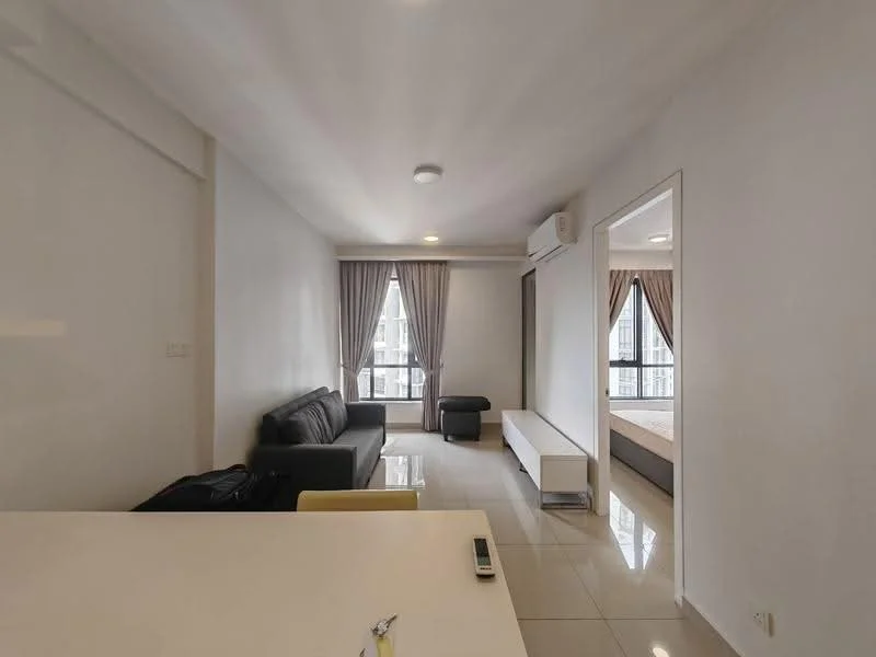 Living features: grey fabric sofa, black armchair, white TV console, floor-to-ceiling windows, sheer curtains, recessed downlights, polished tile flooring, air conditioning unit; style: modern; view: city. Room features: white walls, light-colored ceiling, natural light from windows.